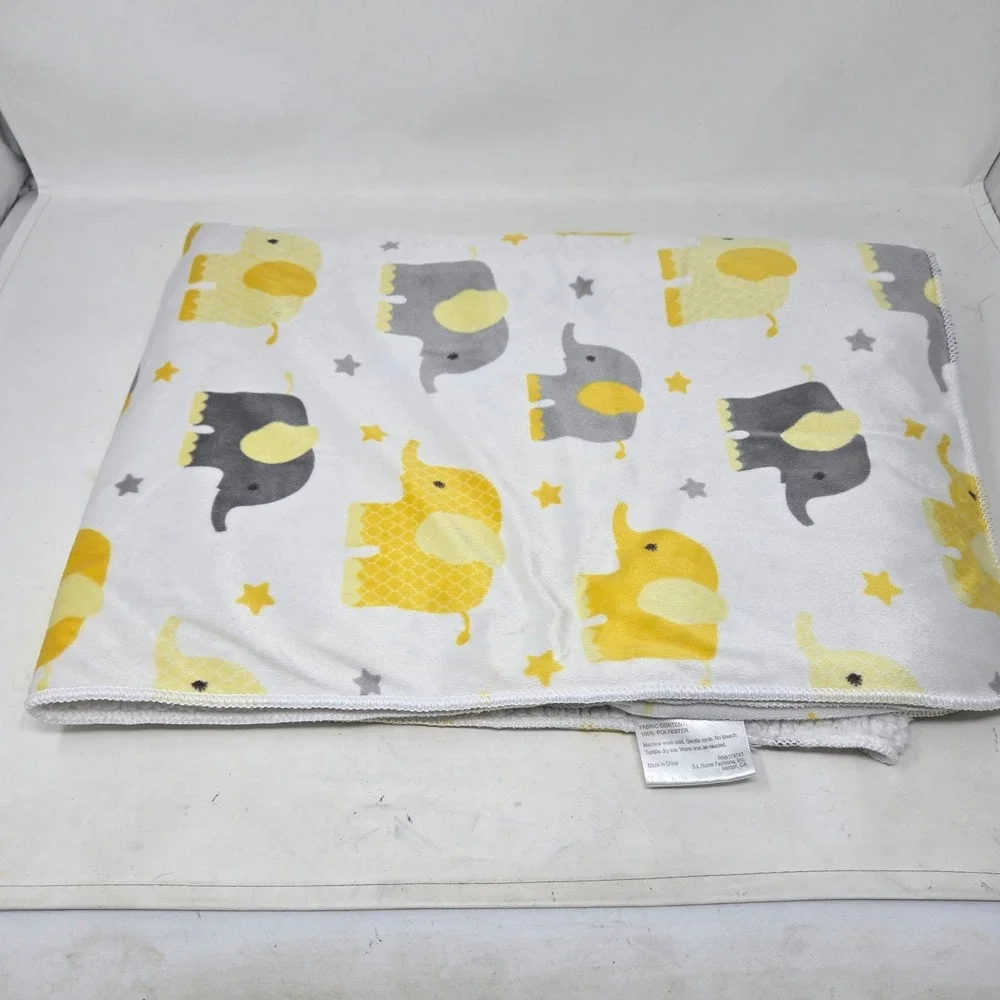 S.L. Home Fashions Baby Blanket Yellow Grey Elephant Star Sherpa Back 30x40